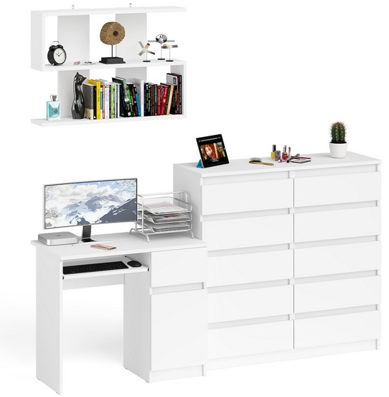 Мори Стол компьютерный МС-1 правый + Комод МК1200.10 + Полка 900, цвет белый, ШхГхВ 210,4х50х209,6 см., НЕ универсальная сборка