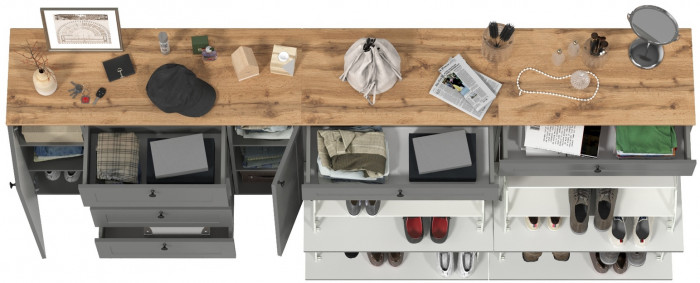 Остин 16.221 Комод + 16.121 Тумба для обуви + 16.121 Тумба для обуви, серый графит/дуб крафт золотой