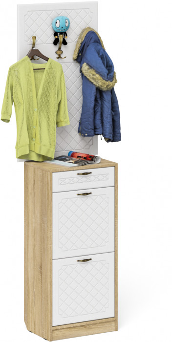 Прихожая П-6 Тумба для обуви 2 секции + Вешалка, дуб сонома/фасады МДФ белое дерево фрезеровка ромб