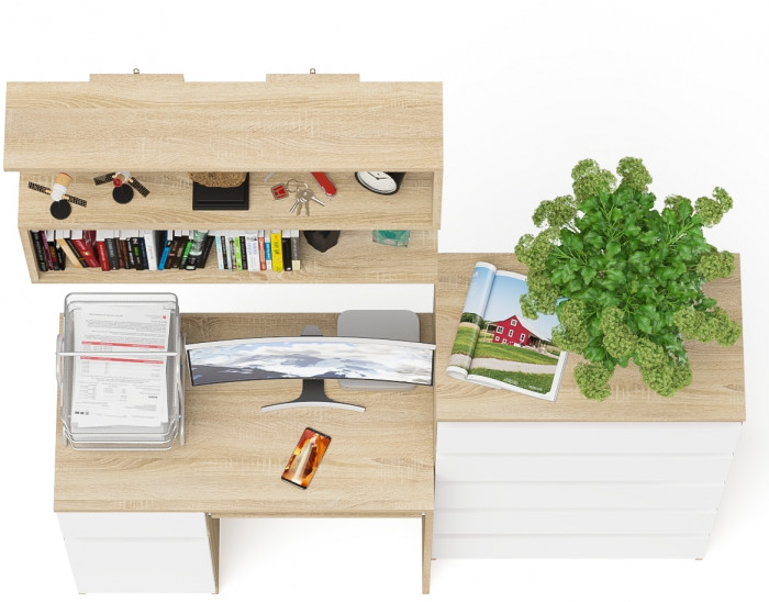 Мори компьютерный стол МС-1 левый + Комод МК700.5 + Полка 900, дуб сонома/белый