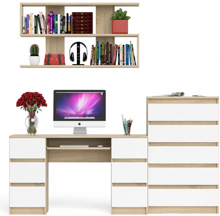 Мори компьютерный стол МС-2 + Комод МК700.5 + Полка 1200, дуб сонома/белый