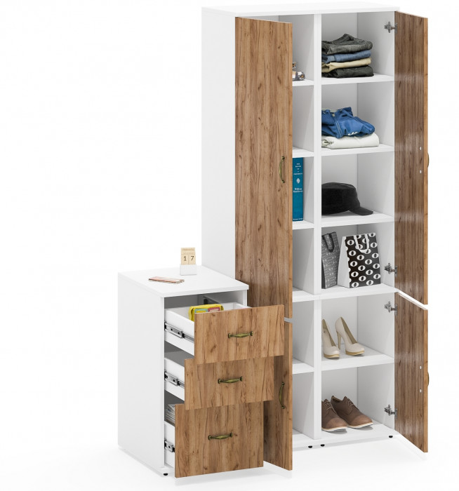 Лидер-8 Пенал МД 22Б + Пенал МД 22Б + Тумба МД 3.16, цвет белый шагрень/крафт золото, ШхГхВ 120х50х190 см., универсальная сборка