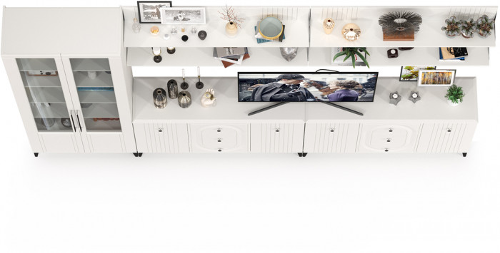 Валенсия Гостиная № 122, цвет ЛДСП белый шагрень/МДФ белый шагрень, ШхГхВ 350,4х38,4х225,2 см., универсальная сборка