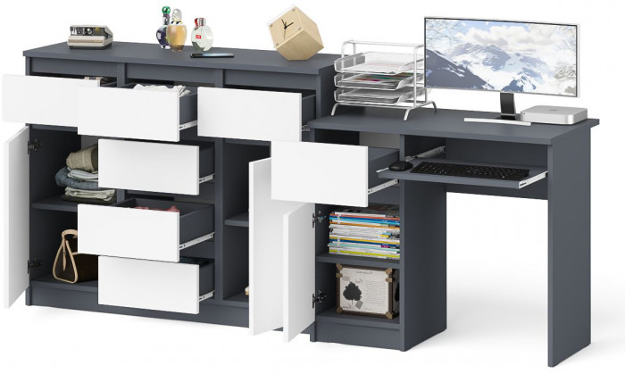 Мори компьютерный стол МС-1 левый + Комод МК1200.4, графит/белый