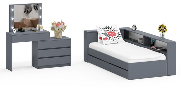 Ксения Кровать с ящиками 0900 + прикроватный блок + Столик с подсветкой 110, графит