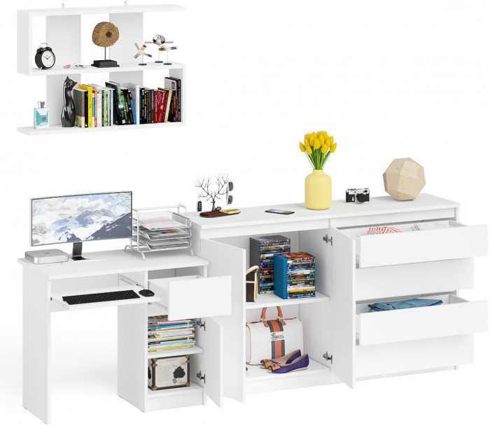Мори компьютерный стол МС-1 правый + Комод МК1600.1 + Полка 900, белый