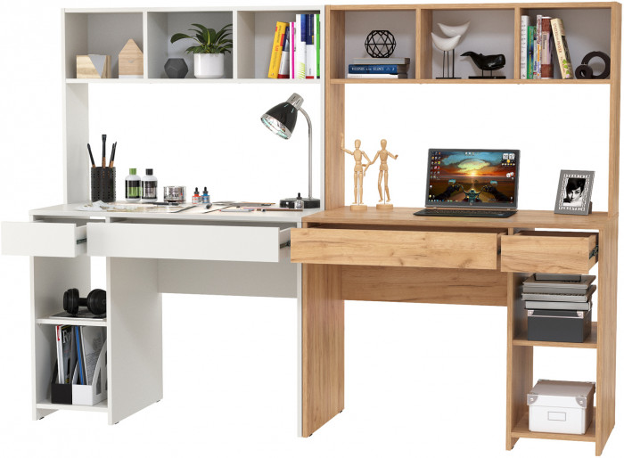 компьютерный стол Комфорт 12.77F + компьютерный стол Комфорт 12.77F, белый шагрень/дуб крафт золотой