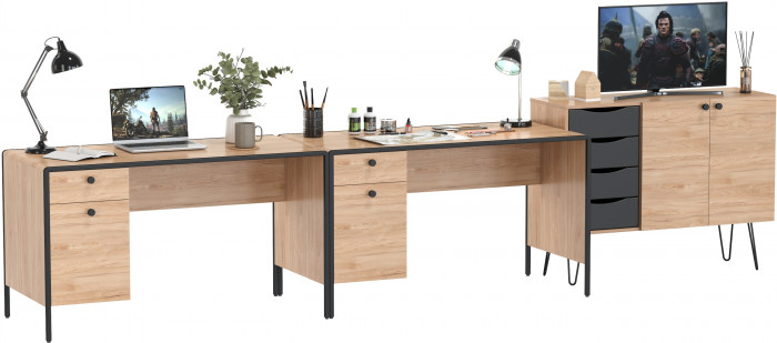 Брюс Стол 12.157 + Комод 16.233 + Стол 12.157, цвет чёрный/Battle rock Santiago/столешница МДФ ель карпатская, 373,4х62,6(38,3)х75(85,6) см., ун. сб.