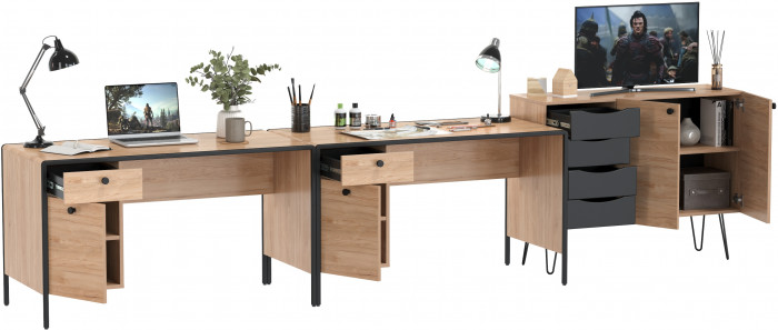 Брюс Стол 12.157 + Комод 16.233 + Стол 12.157, цвет чёрный/Battle rock Santiago/столешница МДФ ель карпатская, 373,4х62,6(38,3)х75(85,6) см., ун. сб.