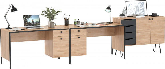 Брюс Стол 12.157 + Комод 16.233 + Стол 12.157, цвет чёрный/Battle rock Santiago/столешница МДФ ель карпатская, 373,4х62,6(38,3)х75(85,6) см., ун. сб.