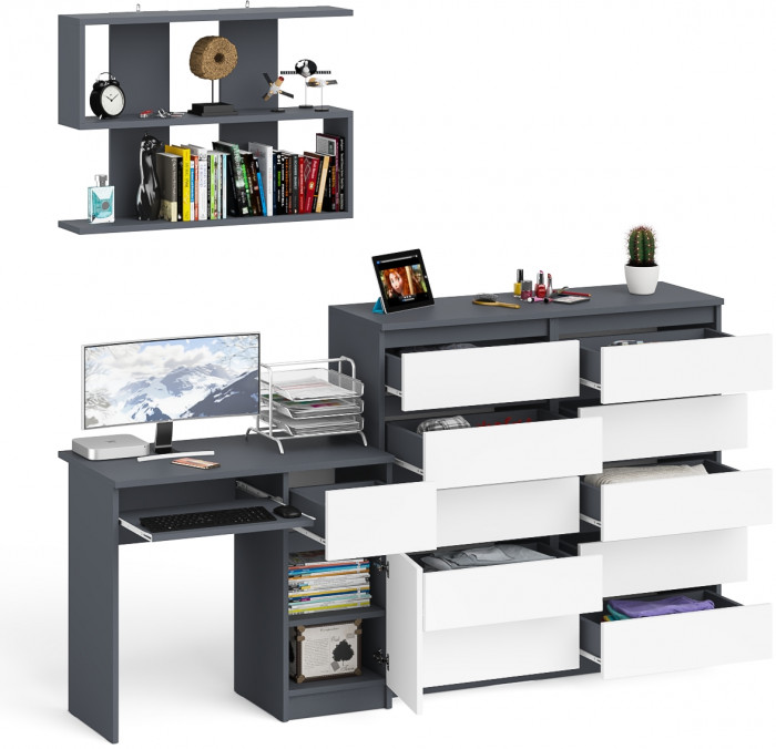 Мори Стол компьютерный МС-1 правый + Комод МК1200.10 + Полка 900, цвет графит/белый, ШхГхВ 210,4х50х209,6 см., НЕ универсальная сборка