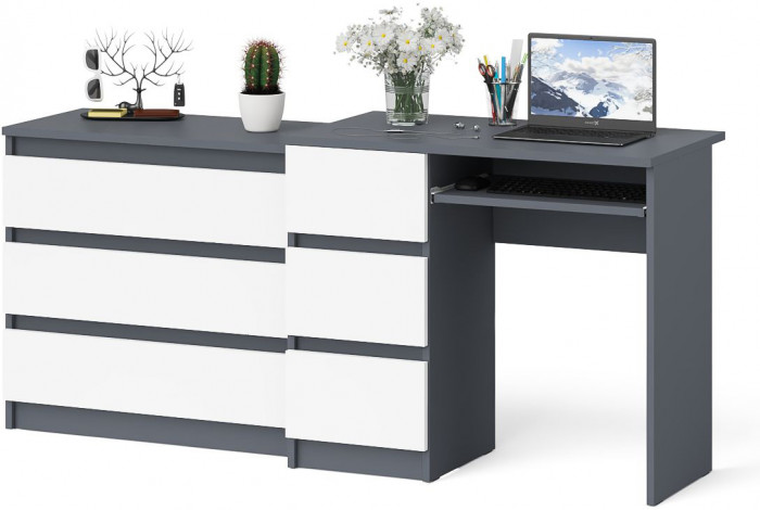 Мори Стол компьютерный МС-6 левый + Комод МК800.1, цвет графит/белый, ШхГхВ 170,4х50х76,6 см., выдвижные ящики слева, НЕ универсальная сборка