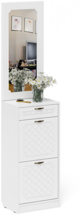 Прихожая П-6 Тумба для обуви 2 секции + Зеркало, белая шагрень/фасады МДФ белое дерево фрезеровка ромб