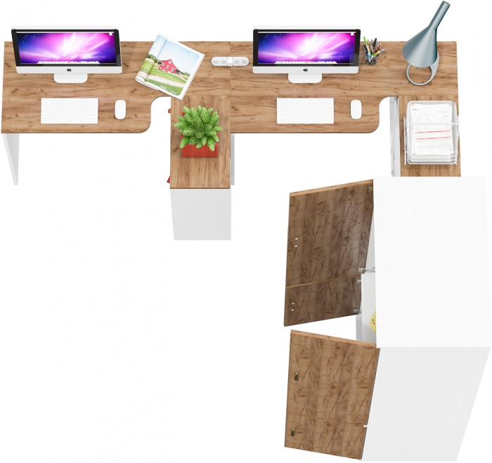 Лидер-8 Стол + Стол + Шкаф МД 19Б + Тумба МД 3.15, цвет белый шагрень/крафт золото, ШхГхВ 450х50х75/190 или 230х200/50х75/190 см., НЕ ун. сб.