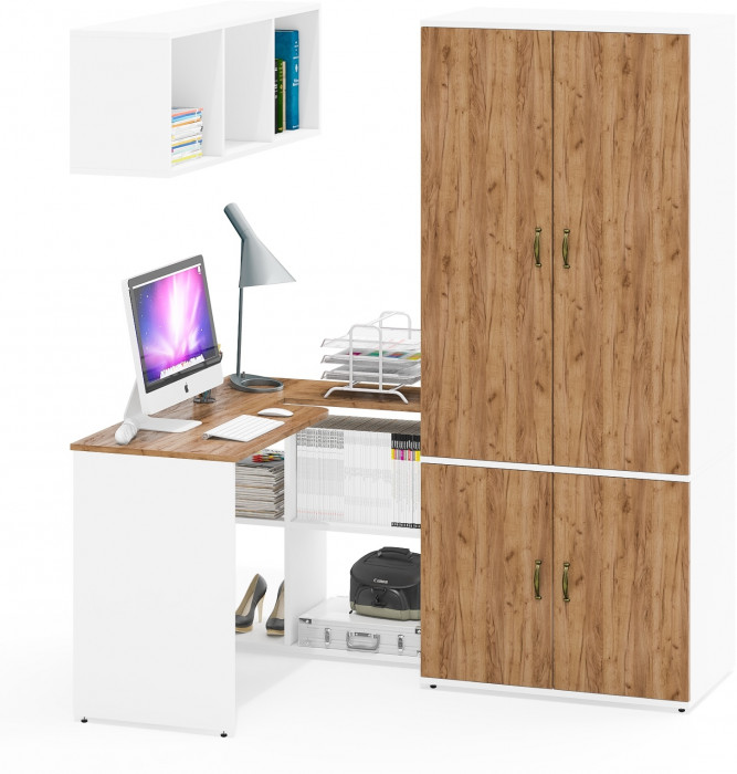 Лидер-8 Стол + Полка + Шкаф МД 19Б, белый шагрень/крафт золото