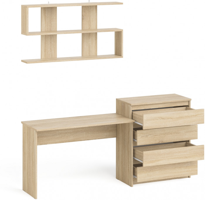 Мори Стол письменный МСП1200.1 + Комод МК800.4 + Полка 1200, цвет дуб сонома, ШхГхВ 200,8х50х209,6 см., универсальная сборка