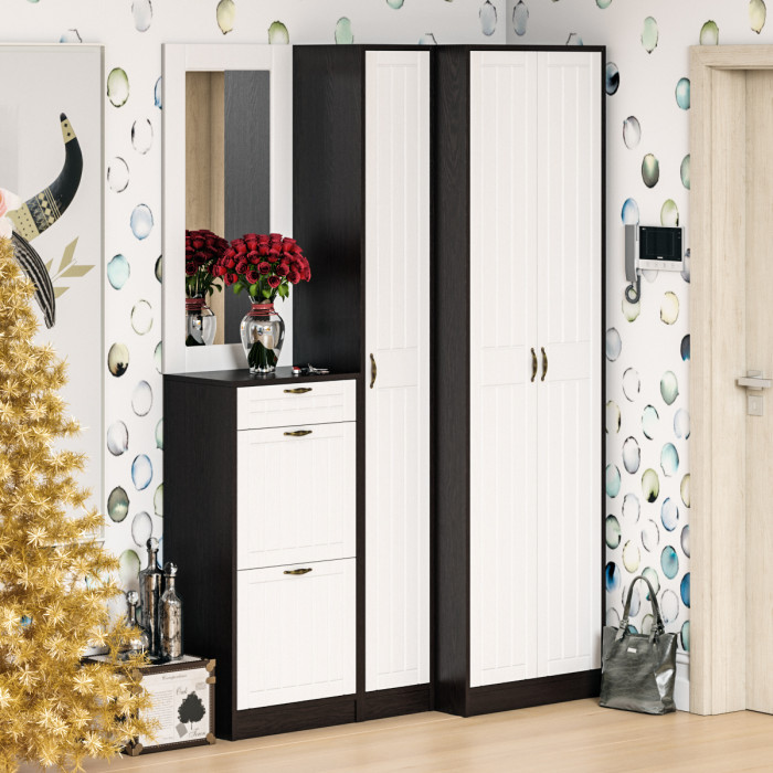 Прихожая П-6 Тумба для обуви 2 секции + Зеркало, венге/фасады МДФ белое дерево фрезеровка прованс