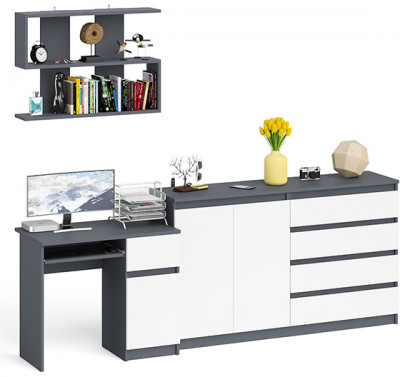 Мори компьютерный стол МС-1 правый + Комод МК1600.1 + Полка 900, графит/белый