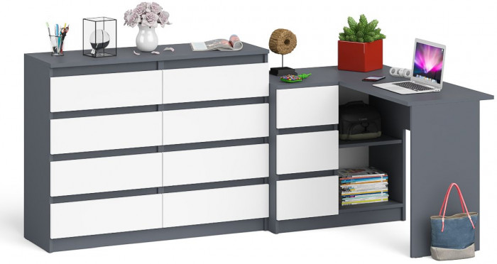 Мори компьютерный стол МС-16 левый + Комод МК1200.8, графит/белый