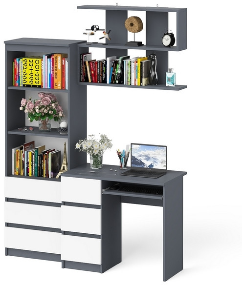 Мори компьютерный стол МС-6 левый + Стеллаж МСТ600.3 + Полка 900, графит/белый