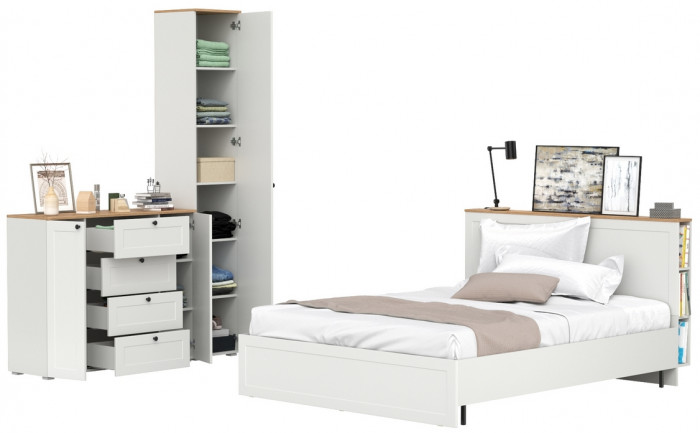 Остин 11.53 Кровать + ортопед + 13.227 Шкаф-пенал + 16.221 Комод, белый шагрень/дуб крафт золотой