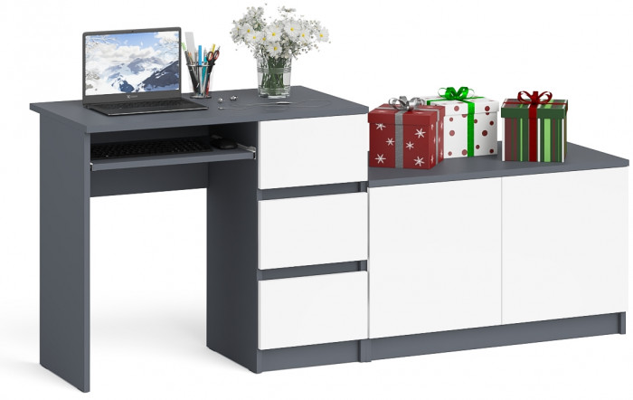 Мори Стол компьютерный МС-6 правый + Тумба МА900.1, цвет графит/белый, ШхГхВ 180,4х50,4х76,6 см., выдвижные ящики справа, НЕ универсальная сборка