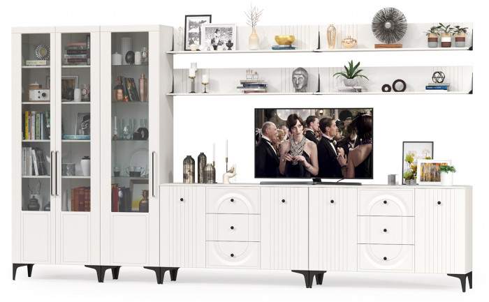 Валенсия Гостиная № 125, цвет ЛДСП белый шагрень/МДФ белый шагрень, ШхГхВ 405,4х38,4х225,2 см., универсальная сборка