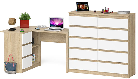 Мори Стол компьютерный МС-16 левый + Комод МК1200.10, цвет дуб сонома/белый, ШхГхВ 244,8х84,9х115 см., выдвижные ящики слев, НЕ универсальная сборкаа