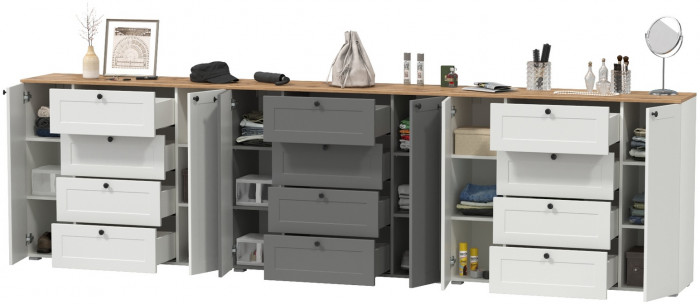 Остин 16.221 Комод + 16.221 Комод + 16.221 Комод, белый шагрень/серый графит/дуб крафт золотой