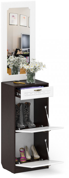 Прихожая П-6 Тумба для обуви 2 секции + Зеркало, венге/фасады МДФ белое дерево фрезеровка ромб