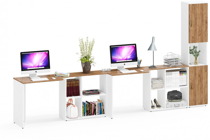 Лидер-8 Стол + Стол + Пенал, белый шагрень/крафт золото