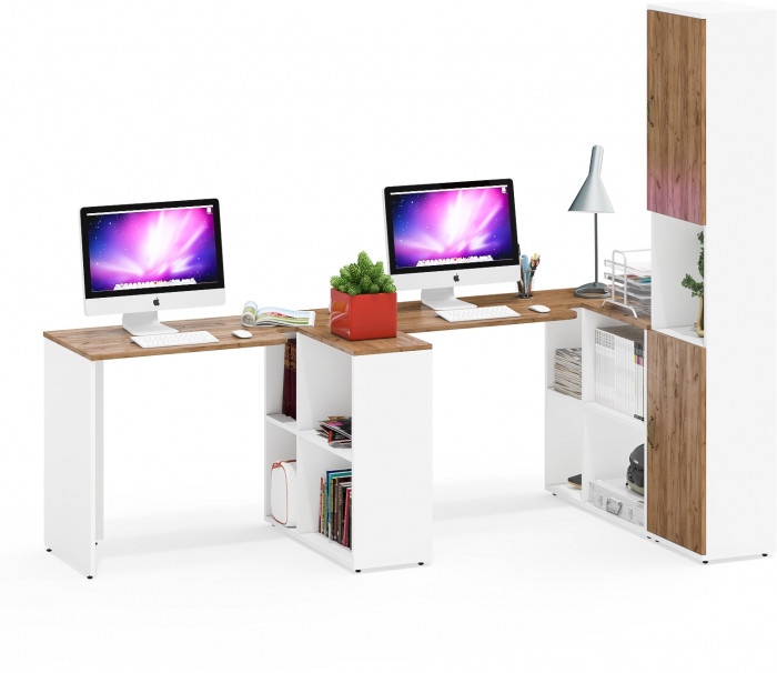 Лидер-8 Стол + Стол + Пенал, белый шагрень/крафт золото