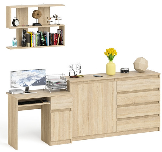 Мори компьютерный стол МС-1 правый + Комод МК1600.1 + Полка 900, дуб сонома
