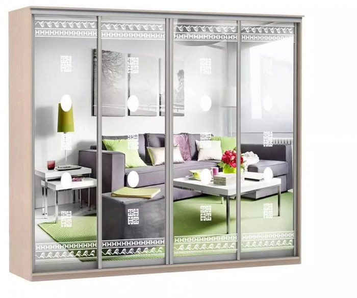 Шкаф купе Модерн 2362х450 4-х дверный 4-х секционный зеркальный с пескоструем №2 ясень