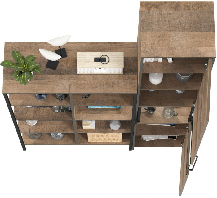 Трувор 13.151.02 Стеллаж + 13.205 Шкаф-пенал с витриной, цвет дуб гранж песочный/интра, ШхГхВ 134,8х37х210 см., универсальная сборка