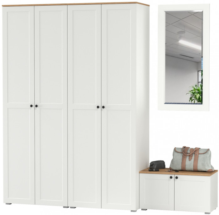 Остин Прихожая 30, цвет белый шагрень/дуб крафт золотой, ШхГхВ 240х54,3х229,6 см., универсальная сборка