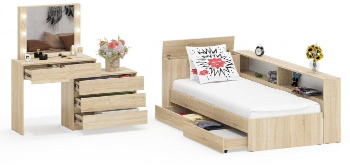 Ксения Кровать с ящиками 0900 + прикроватный блок + Столик с подсветкой 110, дуб сонома