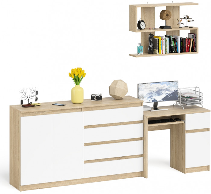 Мори компьютерный стол МС-1 правый + Комод МК1600.1 + Полка 900, дуб сонома/белый
