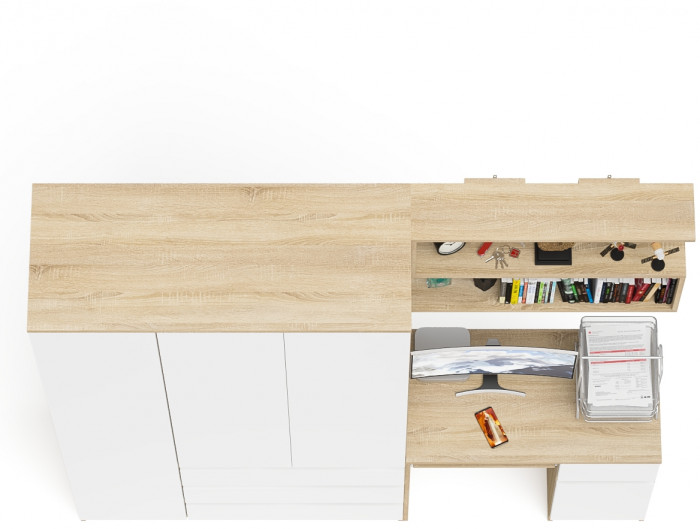 Мори компьютерный стол МС-1 правый + Шкаф МШ1200.1 + Полка 900, дуб сонома/белый