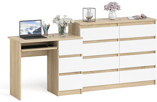 Мори компьютерный стол МС-6 правый + Комод МК1200.8, дуб сонома/белый