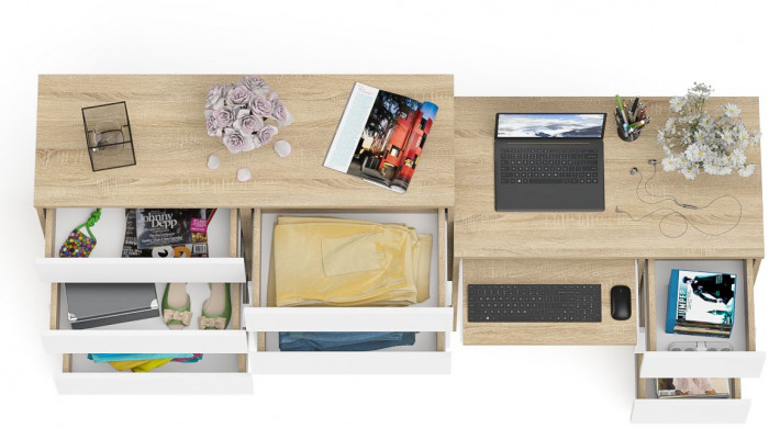 Мори компьютерный стол МС-6 правый + Комод МК1200.8, дуб сонома/белый