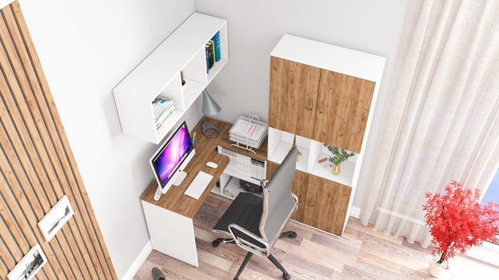 Лидер-8 Стол + Полка + Пенал + Пенал, цвет белый шагрень/крафт золото, ШхГхВ 245х50/30х75/190 или 160х115/30х75/190 см., НЕ универсальная сборка