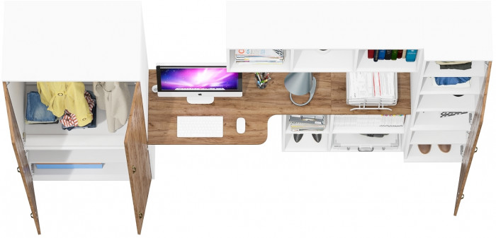 Лидер-8 Шкаф МД 19Б + Стол + Полка + Пенал 22Б, цвет белый шагрень/крафт золото, ШхГхВ 285х50/37,5х75/190 или 195х120х75/190 см., НЕ ун.сб.