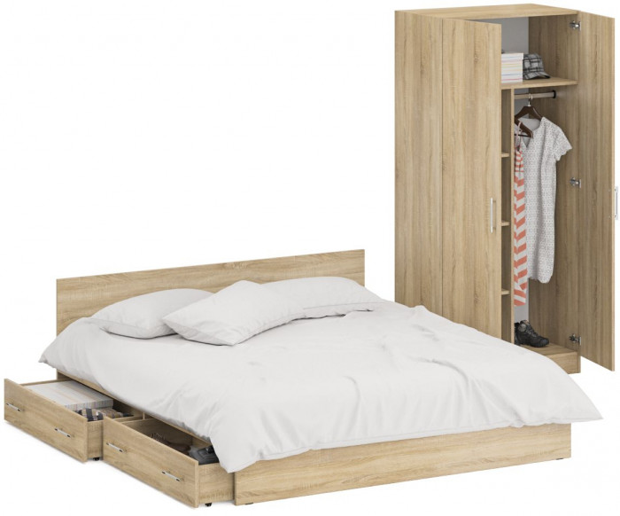 Кровать с ящиками 1800 + Шкаф 2-х створчатый Стандарт, дуб сонома