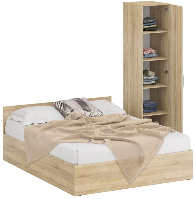 Кровать 1600 + Пенал Стандарт, цвет дуб сонома, ШхГхВ 163,5х203,5х70 + 45х52х200 см., сп.м. 1600х2000 мм., без матраса, основание есть