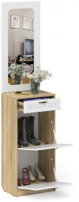 Прихожая П-6 Тумба для обуви 2 секции + Зеркало, дуб сонома/фасады МДФ белое дерево фрезеровка ромб