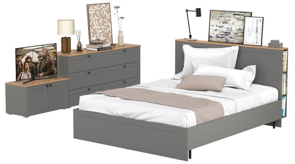 Остин 11.53 Кровать + ортопед + 16.240 Комод + 13.257 Тумба, серый графит/дуб крафт золотой