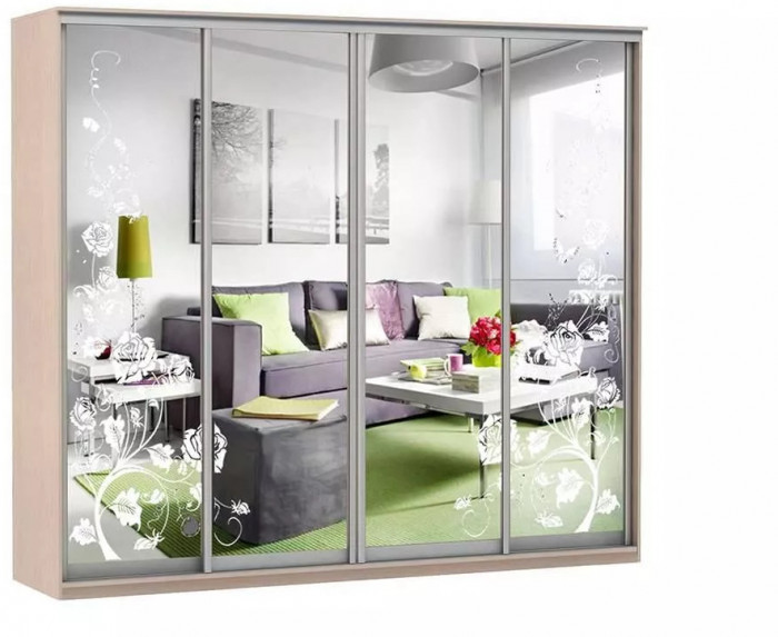 Шкаф купе Модерн 2362х450 4-х дверный 4-х секционный зеркальный с пескоструем №3 ясень