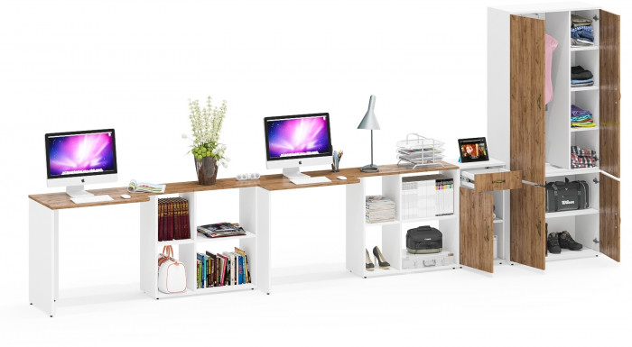 Лидер-8 Стол + Стол + Шкаф МД 20Б + Тумба МД 3.15, цвет белый шагрень/крафт золото, ШхГхВ 450х50/37,5х75/190 или 230х200/50х75/190 см., НЕ ун. сб.