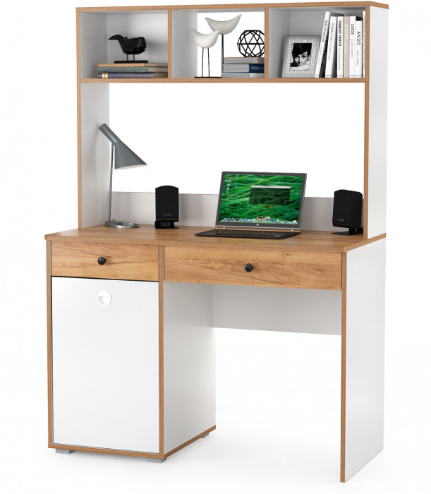 Вуди Стол письменный 12.42 + Надстройка на стол 13.161, цвет белый премиум/дуб крафт золотой, ШхГхВ 110х52,7х158,7 см., универсальная сборка